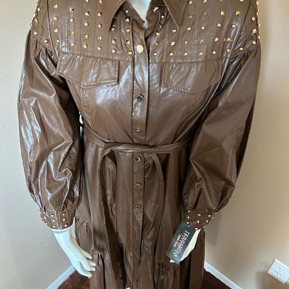 NWT Faux Leather Brown Studded Dress -Size 14 - Picture 6 of 13